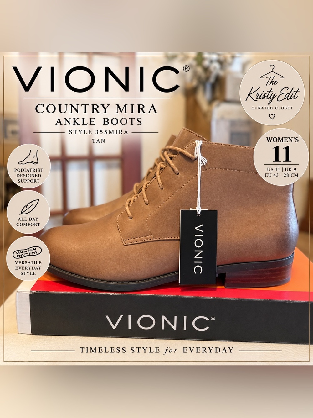 Vionic Country Mira Tan Leather Ankle Boots Women’s 11 NWT 355MIRA